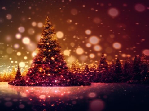 An image of blurred christmas trees, in the style of happenings, dark maroon and light gold, polka dot madness, claire - obscure lighting, back button focus, created with generative ai