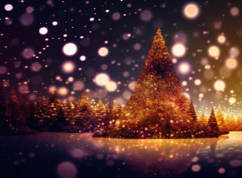 An image of blurred christmas trees, in the style of happenings, dark maroon and light gold, polka dot madness, claire - obscure lighting, back button focus, created with generative ai