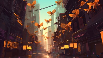 A cyberpunk city with robotic bees as pollinators. Fantasy concept , Illustration painting. Generative AI