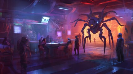 A cyberpunk nightclub with robotic scorpions as performers. Fantasy concept , Illustration painting. Generative AI - obrazy, fototapety, plakaty