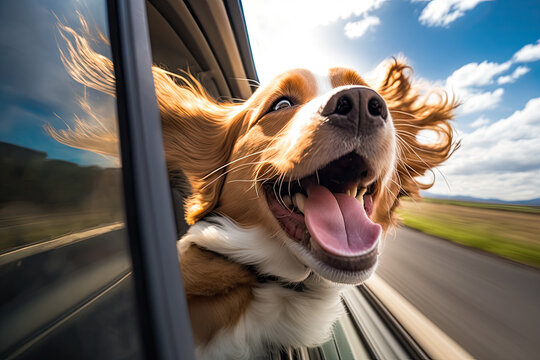 Happy dog with head out of the car window having fun, generative ai