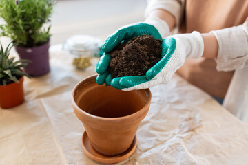 people, gardening and housework concept - close up of woman in gloves pouring soil to flower pot at home