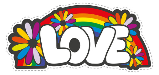 Obraz premium Love sticker with rainbow and flowers. Bright hippie patch