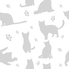 Naklejka na ściany i meble Cat seamless pattern. Cute gray silhouettes and paws