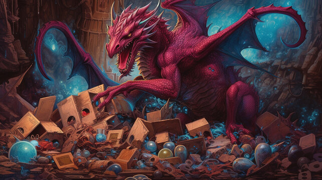 A cyborg dragon guarding a treasure hoard. Fantasy concept , Illustration painting. Generative AI