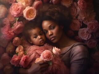 african american woman holds daughter background of the bouquet of pink flowers