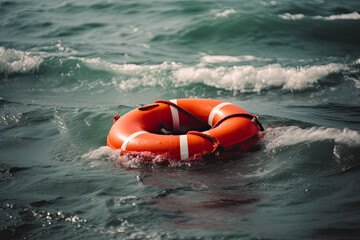 Closeup of a lifebuoy on stormy water, generative ai