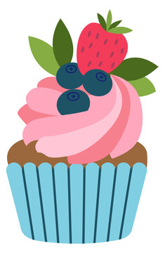 Berry muffin icon. Cartoon pink cream cupcake