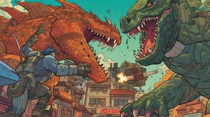 A dragon and a robot fighting together against a common enemy. Fantasy concept , Illustration painting. Generative AI