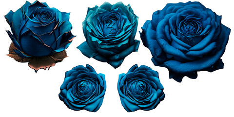 Set of vivid blue rose blossoms isolated on transparent background. Realistic floral clipart perfect for digital art, wedding design, Valentine’s Day, or romantic projects.