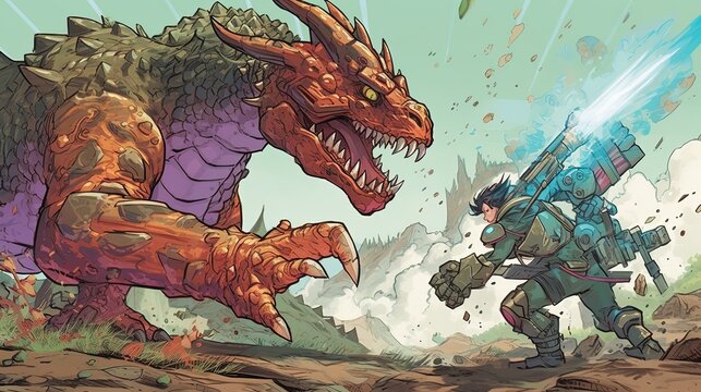 A dragon and a robot fighting together against a common enemy. Fantasy concept , Illustration painting. Generative AI