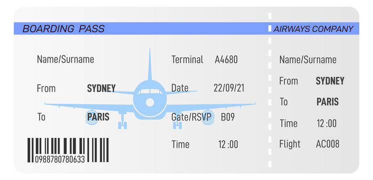 Plane ticket template. Realsitic airline boarding pass