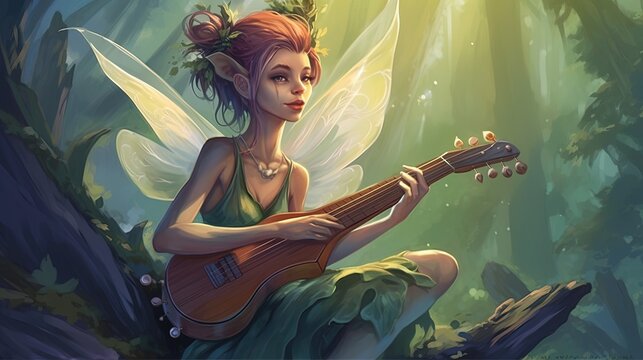 A faerie playing a musical instrument. Fantasy concept , Illustration painting. Generative AI