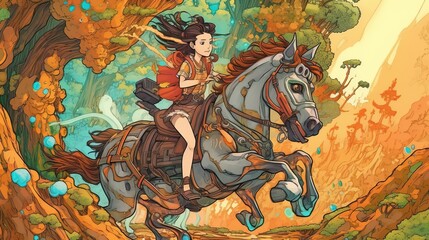 A fairy riding a robot horse. Fantasy concept , Illustration painting. Generative AI