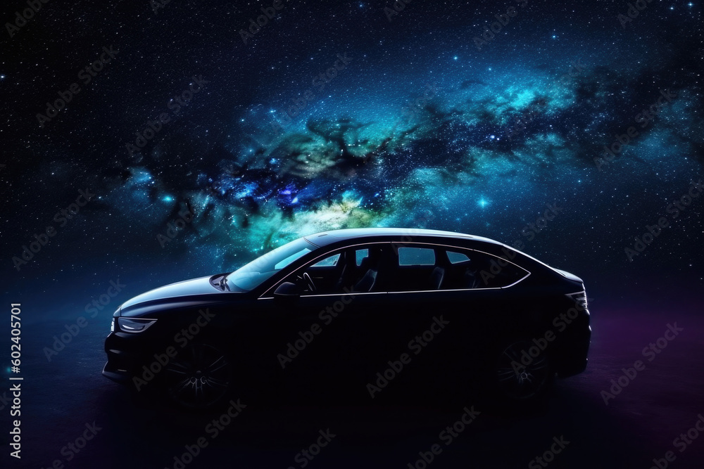 Poster futuristic digital car in cyberspace background. vehicle in space for futuristic travel. created wit