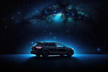 Fototapeta na wymiar Futuristic digital car in cyberspace background. Vehicle in space for futuristic travel. Created with Generative AI