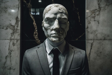 Fototapeta premium Business man statue or sculpture in a suit with the head made of marble. Ai generated