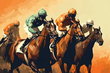 Foto op Canvas Jockeys riding on horses, color drawing. Horse racing at the racetrack. Active sport sticker. Created with Generative AI © Lazy_Bear