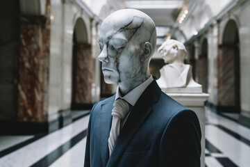  Business man statue or sculpture in a suit with the head made of marble. Ai generated