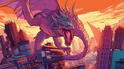 Obraz premium A futuristic city with dragons perched on the skyscrapers. Fantasy concept , Illustration painting. Generative AI