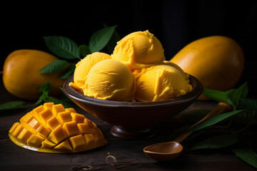 Mango ice cream in a bowl product photography with natural lighting. Ai generated