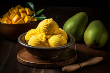 Mango ice cream in a bowl product photography with natural lighting. Ai generated