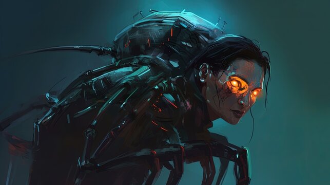 A cyborg with a robotic spider crawling on their shoulder. Fantasy concept , Illustration painting. Generative AI