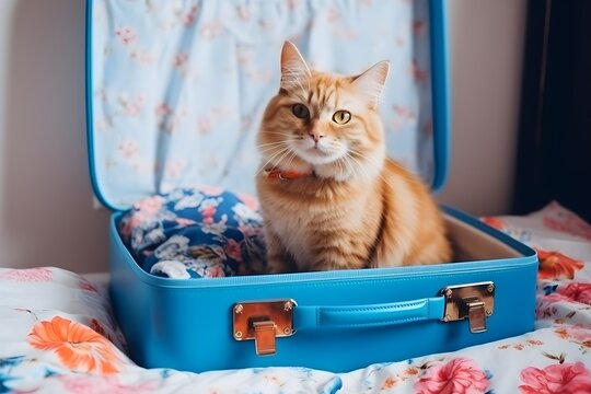 Cute ginger cat sitting in an open suitcase among summer clothes. Generative AI.