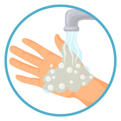 Washing hands icon. Human palm under pouring water