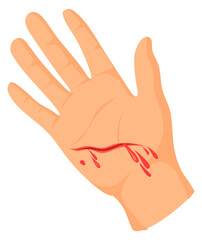 Hand with bleeding cut. Palm wound. Injury icon