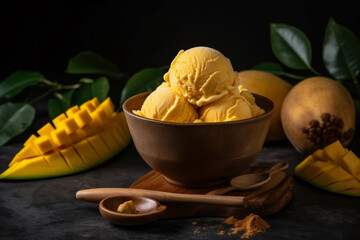 Mango ice cream in a bowl product photography with natural lighting. Ai generated