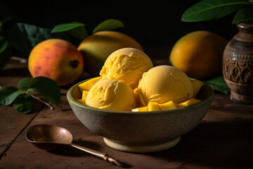 Mango ice cream in a bowl product photography with natural lighting. Ai generated