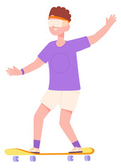 Boy in vr set riding skateboard. Kid playing in virtual reality