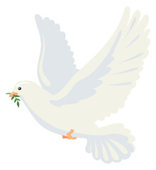 Pigeon carry green leaf. Flying bird cartoon icon