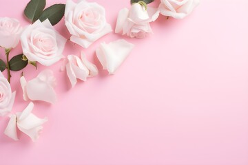 Roses and petals on pink background with copy space, top view. Flower composition. Generative AI.