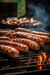 Appetitive grilled sausage on the flaming grill. Delicious crisp sausages. Space for text. Generative AI