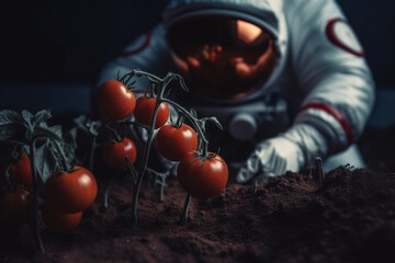 Astronaut planting tomato plants. Planet Mars colonization concept. 