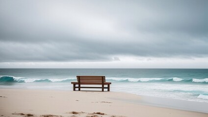 Fototapeta na wymiar Wooden bench on a sandy beach, generative ai