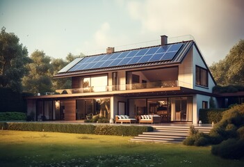 Modern home with solar panels, generative ai