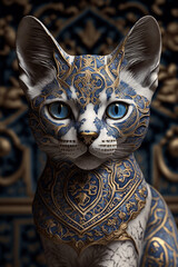 Cat statue made of marble and gold. Ai generated.