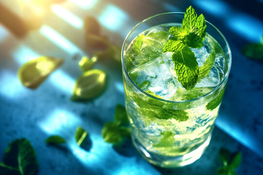 Bright, modern and cocktail image of mojito on blue background with hard shadows. Close-up. Generative Ai content