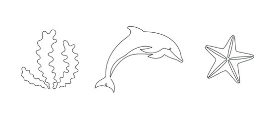 Sea set(dolphin, starfish, seaweed) drawn in one continuous line. One line drawing, minimalism. Vector illustration.