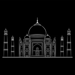 Taj Mahal. Indian marble mausoleum of Mughal emperor Shah Jahan and his wife Mumtaz Mahal in Agra. Historical medieval monument. White linear silhouette on black background.