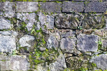 Old stonework. Wall of old stones with moss.