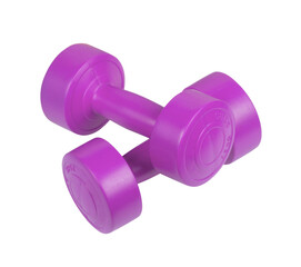 Two bright colored athletic rubber dumbbells, png isolated on transparent background