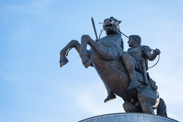 Fototapeta premium Alexander the Great statue in Skopje, North Macedonia. Landmark of Skopje center, Macedonia