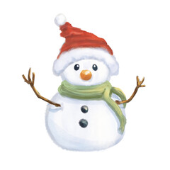 Illustration bonhomme de neige, fête de noel traditionnelle, avec bonnet rouge, nez en carotte, echarpe 