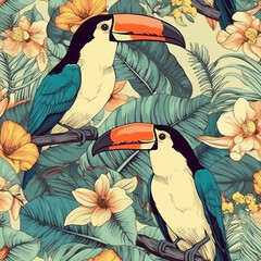 seamless toucan tile pattern with palm leaves