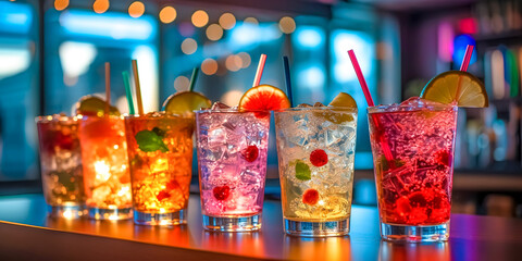 colorful mixed drinks decorated with fruit on the bar counter, glasses full of ice, bar lights .made with Generative AI