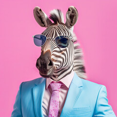 Portrait of zebra wearing business suit with tie and sunglasses. Generative AI art - obrazy, fototapety, plakaty